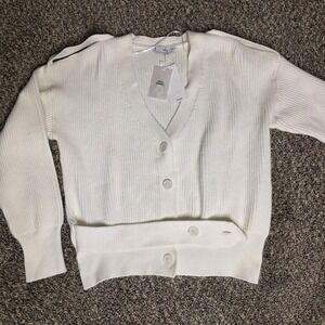 Mango Sweater Cardigan Womens Medium White V Neck Ribbed Button Front Cropped
